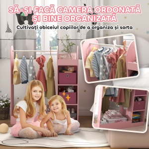 Cuier Copii – Cu Rafturi, Cuti & Oglinda, 92×36×106 cm Roz - Img 5