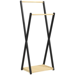 Cuier de Podea din Lemn cu 2 Bare, Suport pentru Haine Autoportant Modern cu Raft Inferior, 61x45x152 cm, Natural - Img 1