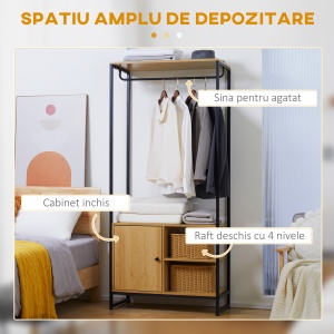Cuier industrial , suport pentru haine, suport pentru haine cu tija de agatat, rafturi deschise si dulap inchis pentru dormitor si intrare, Natural - Img 4