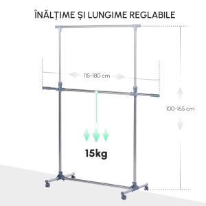 Cuier pentru haine cu inaltime si extensie reglabile, 165 x 48 x 180 cm, Inox / ABS, Argintiu / Gri - Img 7