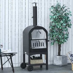 Cuptor Portabil cu Cărbune pentru Pizza și Barbecue, Cuptor cu Lemne, Coș de Fum și Raft Inferior, 63x54x161 cm, Negru - Img 2
