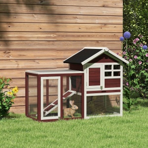 Cușcă de Exterior din Lemn cu Căsuță pentru Iepuri și Rampă, 122x62.6x92 cm, Maro și Alb - Img 2