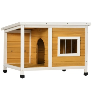 Cușcă pentru Câini de Exterior din Lemn cu Verandă Acoperită și Acoperiș Înclinat, 85.5x62x60 cm, Multicolor - Img 1