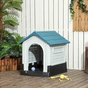 Cușcă pentru Câini de Exterior din Plastic, Căsuță pentru Câini Mici cu Ferestre, Acoperiș Înclinat și Bază Ridicată, 64,5 x 57 x 66 cm, Albastru - Img 9