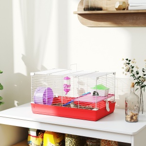 Cusca pentru Hamsteri cu 2 Nivele din Metal si PP cu Casuta, Rezervor de apa, Roti si Farfurioare, 47x30x27 cm, Rosu si Alb - Img 2