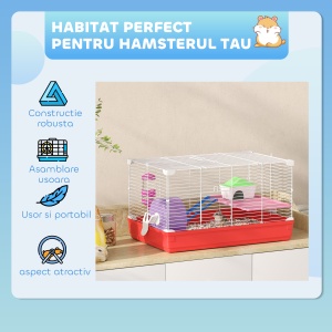 Cusca pentru Hamsteri cu 2 Nivele din Metal si PP cu Casuta, Rezervor de apa, Roti si Farfurioare, 47x30x27 cm, Rosu si Alb - Img 7