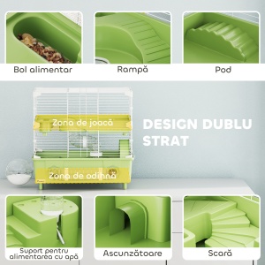 Cușcă pentru Hamsteri cu 2 Nivele și 3 Uși cu Roată și Tuburi, din Oțel, PS și PP, 44.5x28x44 cm, Verde și Alb - Img 4