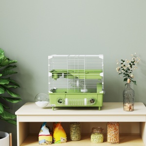 Cușcă pentru Hamsteri cu 2 Nivele și 3 Uși cu Roată și Tuburi, din Oțel, PS și PP, 44.5x28x44 cm, Verde și Alb - Img 7