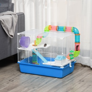 Cușcă pentru Hamsteri cu 3 Nivele, Tub, Roată de Alergat, Sticlă de Apă și Bol de Mancare, 59x36x47 cm, Albastru - Img 2
