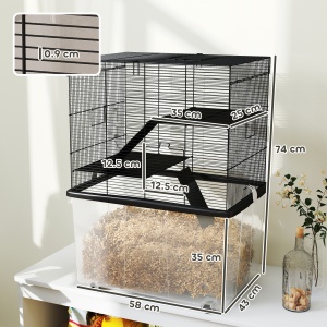Cușcă pentru Hamsteri cu 3 Niveluri, Bază Adâncă, Roți Rampe, Bol și Sticlă, 58x43x74 cm, Negru - Img 3