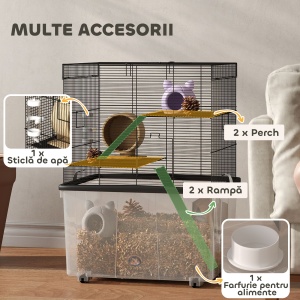 Cușcă pentru Hamsteri cu 3 Niveluri, Bază Adâncă, Roți Rampe, Bol și Sticlă, 58x43x74 cm, Negru - Img 6