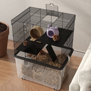 Cușcă pentru Hamsteri cu 3 Niveluri, Bază Adâncă, Roți Rampe, Bol și Sticlă, 58x43x74 cm, Negru - Img 8