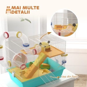 Cușcă pentru Hamsteri cu Roată, Căsuță, Bol, Rampe și Recipient Apă, Cușcă pentru Gerbili din Oțel, PS și PP, 45x28x37 cm, Alb și Albastru - Img 8
