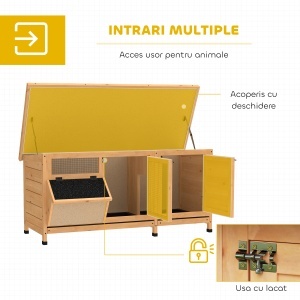 Cușcă pentru Iepuri din Lemn de Exterior cu Acoperiș din Asfalt, Căsuță cu Uși, Tăvi Detașabile și Hrănitoare, 112x50x54 cm, Galben - Img 5