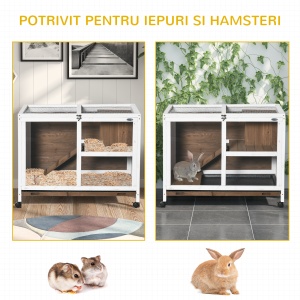 Cușcă pentru Iepuri/Rozători cu 2 Nivele, Căsuță, Rampă și Tavă Detașabilă, Cușcă din Lemn, 91,5x53,3x73 cm, Maro - Img 8