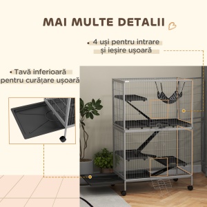 Cușcă pentru Rozătoare cu 4 Intrări la Nivele Multiple cu Hamac, din Metal și PP, 80x52x128 cm, Argintiu și Gri - Img 7