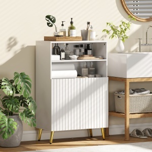 Dulap baie, comodă pentru living, uși cu închidere silențioasă, 2 rafturi deschise, MDF, Alb - Img 2