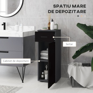 Dulap de baie din PAL cu sertar și dulap pe 2 nivele reglabile, 30x30x82 cm, de culoare negru și gri închis - Img 4