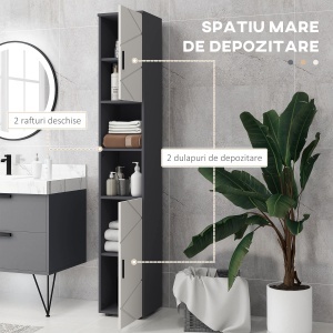 Dulap de Baie Înalț 183 cm, Dulap Îngust cu Rafturi Deschise și 2 Uși pentru Depozitare Baie - Img 4