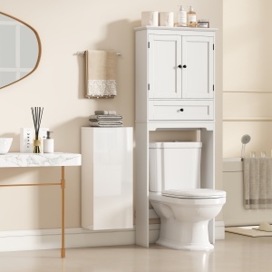 Dulap de Baie Suspendat cu Ușă Fără Mâner, 2 Rafturi Reglabile din Sticlă, Mobilier Suspendat Multifuncțional, 30x23,4x71,2 cm, Alb Lucios - Img 8