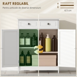 Dulap de Depozitare Organizator Independent pentru Baie de Podea cu 2 Usi, 2 Sertare si Raft Reglabil, Alb - Img 5