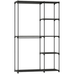 Dulap de Haine Portabil cu 2 Bare și 6 Rafturi, Dulap din Material Textil Non-Țesut, Plastic și Oțel, 111x43x185 cm, Negru