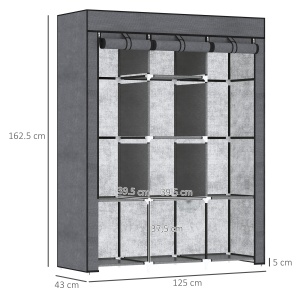 Dulap din Material Textil cu Bază Înălțată, 8 Rafturi și 2 Bare, 125x43x162.5 cm, Gri Închis - Img 3