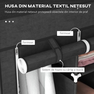 Dulap din Material Textil cu Bază Înălțată, 8 Rafturi și 2 Bare, 125x43x162.5 cm, Gri Închis - Img 5