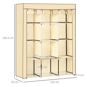 Dulap din stofa cu 8 rafturi si 2 bare, dulap portabil cu usa rulanta, 125x43x162,5 cm, bej - Img 3