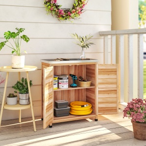Dulap Exterior cu Raft Intern și Banc de Lucru, Dulap de Grădină din Lemn de Brad și Oțel Zincat, 79x43x92 cm, Culoare Lemn - Img 9