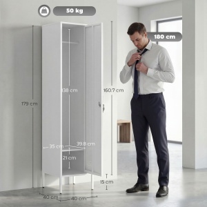Dulap Metalic Slim cu Ușă Blocabilă și Suport pentru Etichete, Dulap Multi-Funcțional cu Bară pentru Haine, Rafturi, pentru Casă sau Birou, 40x40x179 cm, Alb - Img 3