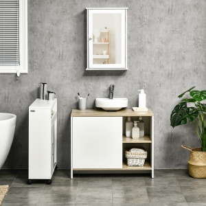 Dulap pentru lavoar pentru baie, 77x45x60cm, alb si culoarea lemnului - Img 6