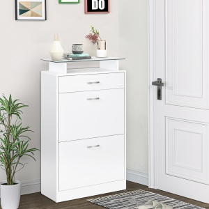 Dulap pentru Pantofi cu 2 Uși pe 2 Niveluri, Sertar și Raft din Sticlă, Dulap pentru Pantofi, 60x24x105,5 cm, Alb - Img 2