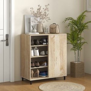 Dulap pentru Pantofi pe 4 Niveluri din PAL și Oțel cu Ușă Glisantă și Rafturi Reglabile, 80x40x93 cm, Lemn Natural - Img 2