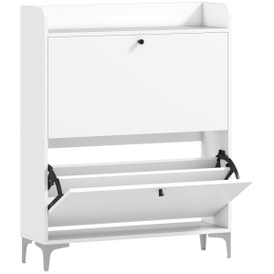 Dulap pentru Pantofi Slim cu 2 Uși Rabatabile, Rafturi Reglabile, Blat Superior și Bază Ridicată, Potrivit pentru 16 Perechi, PAL și Metal, 80x24x101 cm, Alb