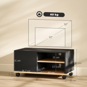 Dulap TV 42" Max cu 2 Rafturi deschise si Usa, din PAL cu Roti, 80x45x39.5 cm, Negru - Img 3