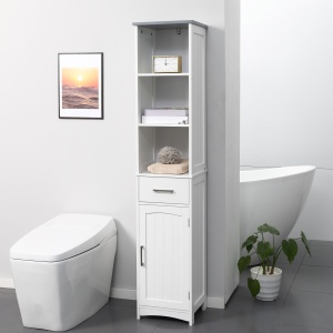Dulapior de baie cu Raft cu 3 niveluri, din MDF Lacuit, 34x30x163cm, Alb si Gri - Img 2