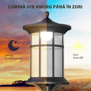 Felinar Solar de Grădină și Alei cu Autonomie 6h, Montaj pe Sol, Felinar din ABS și Policarbonat, Rezistent la Apă IP44, pentru Terasă, Grădină, Alei, 17x17x127 cm, Negru - Img 5