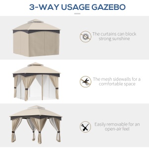 Foisor pentru gradina 3m x 3 m, Adapost copertina foisor exterior cu acoperis dublu cu plasa & draperii, Cadru din otel galvanizat pentru gradina, gazon, curtea din spate si punte - Img 5