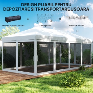 Foisor Pliabil cu 6 Perdele Plasa de Tantari, Foisor de Gradina cu Structura din Otel, 585x295x270cm, Alb Crem - Img 5