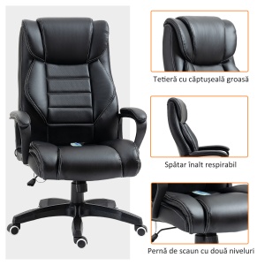 Fotoliu de Birou cu Functie de Masaj Ergonomic si Dirigential din Piele Ecologica Neagra - Img 6