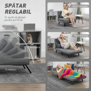 Fotoliu extensibil cu spătar ajustabil în 5 poziții, țesătură cu efect de in și oțel, 75x70x75 cm, Gri - Img 5