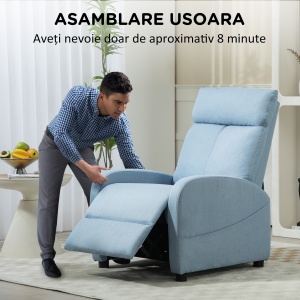 Fotoliu Rabatabil Manual cu Suport pentru Picioare din Material Textil cu Efect de In, 69x85x100 cm, Albastru - Img 6