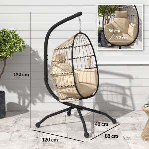 Fotoliu Suspendat Tip Ou cu Lanț Reglabil, 2 Perne Detașabile și Suport pentru Pahare, Scaun Balansoar Pliabil pentru Grădină, Bază în X din Oțel, pentru Interior și Exterior, 120x88x192 cm, Bej - Img 3