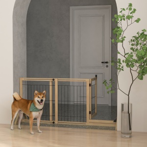 Gard pentru Câini Extensibil cu Ușă și 2 Panouri, Picioare Triunghiulare, 112-159x70 cm, Lemn Natural - Img 2