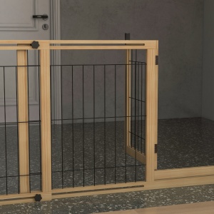Gard pentru Câini Extensibil cu Ușă și 2 Panouri, Picioare Triunghiulare, 112-159x70 cm, Lemn Natural - Img 9