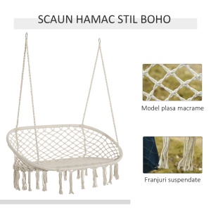Hamac Balansoar pentru Gradina si Casa cu 2 Locuri din Macramé Alb Crem, Fără Pernă - Img 4