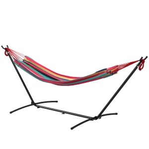 Hamac cu Suport 310x117cm pentru Camping cu Înălțime Reglabilă și Geantă de Transport, Capacitate 120 kg, Dungi Portocaliu și Roșu - Img 1