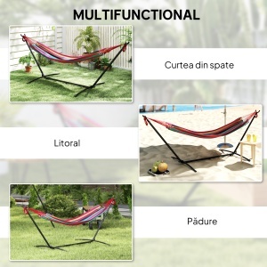 Hamac cu Suport 310x117cm pentru Camping cu Înălțime Reglabilă și Geantă de Transport, Capacitate 120 kg, Dungi Portocaliu și Roșu - Img 6