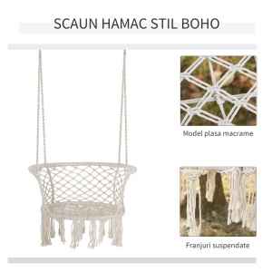 Hamac de gradina Boho Chic Scaun Suspendat pentru Interior si Exterior Crem - Img 4